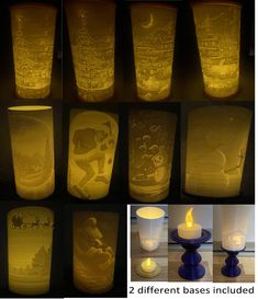 several different types of lit candles with images of disney's castle and mickey mouse