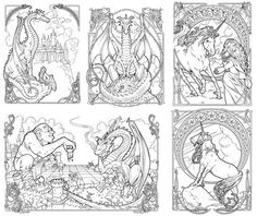 four black and white illustrations of different scenes from the fairy tale, including an elephant, dragon