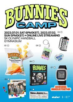 the flyer for bunnies camp is shown in blue and white with various items on it