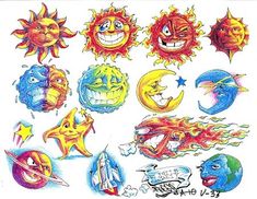 an assortment of sun and moon tattoos on a white sheet with stars, planets, and faces