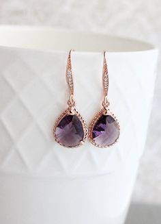 Dark Purple Glass Earrings Rose Gold Drop Amethyst Jewel Light Purple Wedding Invitations, Wine Cellar Wedding, Bridemaids Gift, Light Purple Wedding, Lavender Wedding Invitations, Rose Gold Accessories, Bridal Party Jewelry, Purple Wedding Invitations, Glass Drop Earrings