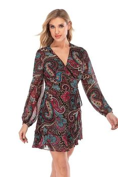 Paisley V-Neck Look-at-Me Wrap Dress Jolie Vaughan | Online Clothing Boutique near Baton Rouge Tie Wrap Dress, Floral Prints Fashion, Multi Dress, Custom Size Dresses, Opaque Tights, Online Clothing Boutiques, Trendy Designs, Paisley Design, Mini Wrap Dress