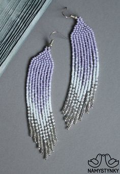 purple and white beaded fringe earrings