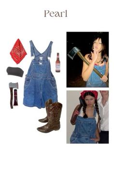 there is a girl wearing overalls and boots with her hair in pigtails, holding a hammer