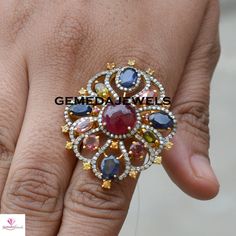 Ruby Diamond Ring, Sapphire Silver Ring, Multi-Stone Ring, Pave Diamond, Gemstone Silver Jewelry, 925 Silver Jewelry, Gold Plated Ring, Gift Gross Weight: 11.97 gram Gemstone Weight: 10.94 cts Diamond Weight: 1.10 cts NOTE:- All The Products Are Designed And Manufactured In My Workshop By Me & My Team. Shown Products Are Purely Handmade. Custom Orders Are Open Handly Accepted. We Are the Perfect Choice For Any Custom Jewelry Manufacturing. For Bulk Orders Please Message me. Visit My Store Fo Elegant Multicolor Ruby Ring, Dazzling Diamond Ring, Multicolor Center Stone Ring, Multicolor Round Cut Jewelry With Center Stone, Multicolor Round Jewelry With Center Stone, Multicolor Gemstone Cluster Ring, Oval Multicolor Hallmarked Ring, Multicolor Oval Hallmarked Ring, Unique Multi-stone Round Diamond Ring