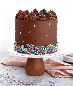 a chocolate cake topped with sprinkles and chocolate frosting