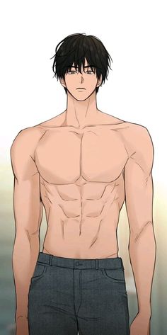 an anime character with his shirt off and no shirt on, standing in front of the camera