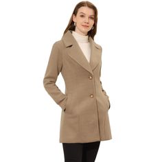 This elegant coat with pockets is a stylish yet practical addition to your winter wardrobe. This silhouette for a flattering finish, creates the perfect finishing touch for everyday outfits. The long solid color coat has an understated silhouette and a notched lapel, making for a timeless piece of outerwear. Layered over everything from smart-casual workwear to weekends, this coat will become a winter favorite. Paired well with a fitted blouse and wide-leg pants for an office-to-dinner look. The Solid Pea Coat With Button Closure For Fall, Fall Office Pea Coat With Pockets, Long Sweater Coat For Workwear, Solid Pea Coat With Buttons For Fall, Office Winter Button-up Outerwear, Winter Office Pea Coat In Solid Color, Winter Button-up Workwear Outerwear, Winter Workwear Button-up Outerwear, Winter Button-up Outerwear For Work