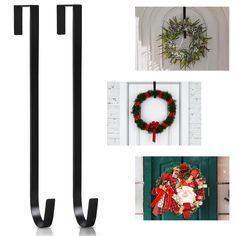 christmas wreath, door hanger and holiday wreath on white background with black metal handles