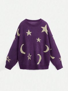 Women's Witchy Moon And Stars Graphic Pullover Sweater Purple Casual  Long Sleeve Knitwear Colorblock,Galaxy,Geometric Pullovers Slight Stretch  Women Clothing, size features are:Bust: ,Length: ,Sleeve Length: Stars Graphic, Bodycon Tops, Drop Shoulder Sweaters, Women's Shapewear, Moon And Stars, Cute Sweaters, Kids Sleepwear, Inspiration Mode, Kids Beachwear