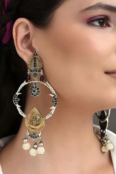 92.5 silver handmade big temple dangler earrings with green kundan and moon motifs.
Type: Kundan, Moon motifs
Composition: 92.5 Silver
Color: Green
Other Details: 
Length : 10 cm
Product Weight : 55 Grams - Aza Fashions Silver Temple Jewelry Chandelier Earrings With Intricate Design, Silver Kundan Chandelier Earrings With Intricate Design, Silver Temple Jewelry Chandelier Earrings With Latkans, Green Fusion Chandbalis With Intricate Design, Green Fusion Chandbalis For Festivals, Green Fusion Style Chandbalis With Intricate Design, Green Temple Jewelry For Rituals, Green Fusion Style Chandbalis For Festivals, Fusion Style Chandbali Jewelry With Oxidized Finish