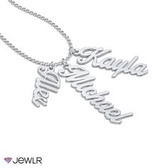 Personal and stylish, this dainty hanging name necklace design is a beautiful gift for yourself or someone you love. Featuring our Glamorous font, personalize yours with 1 to 3 meaningful name charms in your choice of sterling silver or white, yellow, or rose gold. Perfect on its own or layered with other necklaces, complete this necklace with a choice of chains to suit your style. Custom Name Silver Jewelry In Stainless Steel, Silver Stainless Steel Custom Name Jewelry, Silver Custom Name Initial Pendant Necklace, Silver Custom Name Necklace With Initial Pendant, Mother's Day White Gold Name Necklaces, Personalized White Gold Charm Necklaces For Personalized Gift, Elegant Name Necklace With Charms For Birthday, Charms Name Necklace For Anniversary, Silver Custom Necklace With Names