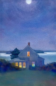 a painting of a house by the ocean at night with a full moon in the sky