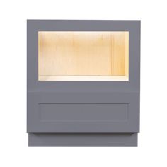 a gray wall mounted shelf with a light in it's center and bottom section