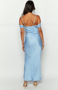 * Light Blue Maxi Dress 
 * 
 
 * HOW TO STYLE: 
 * This dreamy blue satin maxi dress () is perfect for formals (), balls and cocktail events! Complete the look with dainty jewellery (), a cream bag and matching heels.  
 * 
 
 * FEATURES: 
 * Bias cut 
 * Off the shoulder sleeves 
 * Adjustable spaghetti straps 
 * Satin finish 
 * Straight neckline 
 * Invisible side zip 
 * Maxi length 
 * Lined bust, unlined body 
 * Lightweight non-stretch material 

 * This dress is perfect for homecoming! Glamorous Formal Maxi Slip Dress, Blue Satin V-neck Dress For Party, Elegant Midi-length Satin Dress For Prom Season, Maxi Length Slip Dress For Prom Season, Chic Floor-length Slip Dress For Prom, Satin Maxi Slip Dress For Party, Floor-length Satin Dress For Prom, Floor-length Satin Prom Dress, Glamorous Bias Cut Maxi Dress For Prom