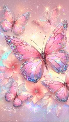 a group of pink butterflies flying in the air with flowers around them on a pastel background