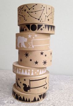 stack of cardboard tape with stars and bears on them, all stacked up in the same direction