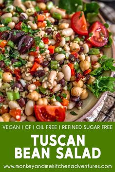 vegan bean salad on a plate with text overlay