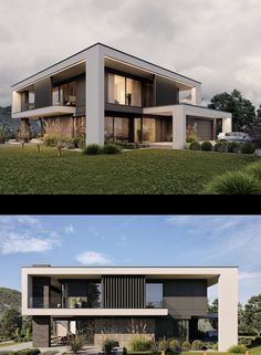 two photos side by side of a modern house with grass and trees in the background