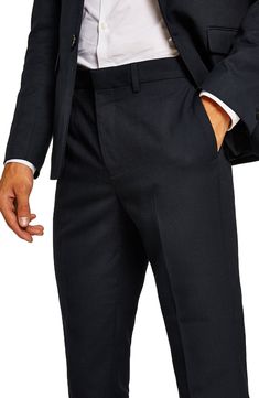 A lightly textured weave distinguishes neatly pressed trousers tailored in a skinny fit that looks smart whether casual or formal. Style Name:Topman Skinny Fit Textured Dress Pants. Style Number: 5707933. Slim Fit Dress Pants With Welt Pockets, Slim Fit Semi-formal Suit Trousers, Business Casual Slim Fit Ankle-length Dress Pants, Semi-formal Slim Fit Suit Trousers, Semi-formal Slim Fit Suits With Trousers, Tailored Dress Pants In Suiting Fabric For Office Wear, Elegant Suiting Fabric Bottoms For Office Wear, Elegant Bottoms In Suiting Fabric For Office, Slim Fit Tapered Leg Dress Pants For Office Wear