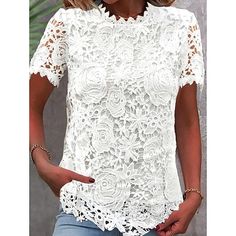 Season:Summer; Sleeve Length:Short Sleeve; Gender:Women's; Style:Casual,Elegant; Tops Type:Lace Shirt,Dressy Tops; Occasion:Vacation,Daily; Pattern:Plain; Design:Eyelet; Neckline:Crew Neck; Brand:Shall We; Front page:FF; Listing Date:04/16/2024; Clothing Length:null; Bust:null; Shoulder Width:null; Fit US Size:null; Fit UK Size:null; Fit EU Size:null Lace White Shirt, White Lace Shirt, White Lace Shorts, White Linen Shirt, Elegant Casual, Irish Lace, Evening Gowns Formal, Dressy Tops, Women Shirts Blouse