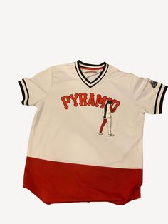 A classic white and red unique vintage baseball jersey. Black Pyramid design with a black sleeve trim. Retro style sports jersey with a graffiti spray paint design. Sleek straight baseball jersey style with a comfy fabric.  Fits 49'' around the chest Retro Baseball Jersey, Cotton Sports Fan Jersey For Baseball Season, Red Varsity Jersey For Streetwear, Varsity Jersey With Letter Print And Baseball Collar, Red Team Spirit Baseball Jersey For Streetwear, Red Baseball Jersey With Team Spirit For Streetwear, Red Baseball Jersey For Streetwear With Team Spirit, White Jersey With Baseball Collar For Game Day, Red College Jersey With Letter Print