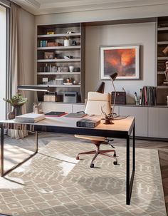 an office with a desk, chair and bookshelf in front of a window