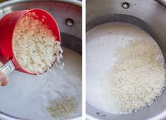 rice being cooked in a pot with a red strainer over the top and left side