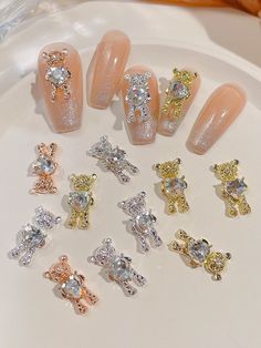 Nails With Teddy Bear Charms, Bear Charm Nails, Bear Charm Nails Designs, Pink Nails With Bear Charm, 3d Charms For Nails, 3d Decor, Fancy Nails Designs