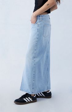 Non-stretch Mid-rise Skirt, Stretch Mid-rise Denim Skirt, Versatile Long Skirt With Relaxed Fit, Straight Leg Stretch Skirt With Pockets, Spring Full Length Skirt With Frayed Hem, Light Wash Mid-rise Cotton Denim Skirt, Medium Wash Denim Long Skirt, Summer Stretch Denim Skirt Straight Leg, Relaxed Fit Mid-rise Denim Skirt