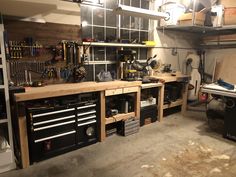 a workbench with many tools in it