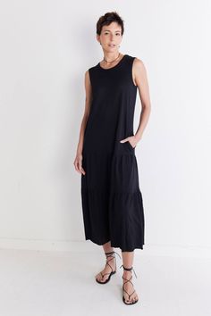 A timeless and feminine staple characterized by delicate pleats, style this dress with heels or flats to dress it up or keep it more casual and relaxed with some sneakers. Sleeveless Pleated design Maxi length Side pockets Oversized fit Casual Solid Maxi Dress For Work, Casual Summer Maxi Dress With Pleated Hem, Casual Black Pleated Sleeveless Dress, Casual Relaxed Fit Maxi Dress For Work, Relaxed Fit Casual Maxi Dress For Work, Summer Casual Midi Dress With Pleated Hem, Casual Summer Midi Dress With Pleated Hem, Casual Spring Maxi Dress With Pleated Hem, Casual Sleeveless Relaxed Fit Maxi Dress