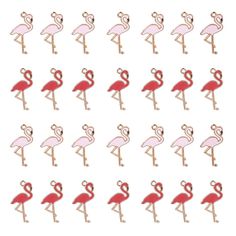 pink flamingos are arranged in rows on a white background