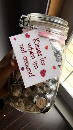 Valentines gift. Valentines gift for girlfriend. Valentines gift for boyfriend. Gift for boyfriend. Gift for girlfriend. Jar of kisses. Kiss candy Kiss Day Gifts For Him, Things To Give Your Boyfriend Valentines, Kisses For When You Miss Me Jar, Kisses When I Am Not Around Jar, Valentine Gifts For Your Boyfriend, Cute Boyfriend Gifts For Valentines Day, Boyfriend Gifts Kisses, Valentine Ideas For Girlfriend Romantic, Valentines Gift Idea For Boyfriend