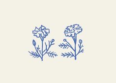 two blue flowers on a white background, one is drawn in line and the other is drawn