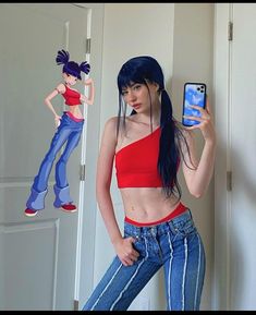 a woman with blue hair is taking a selfie in front of a mirror while holding a cell phone