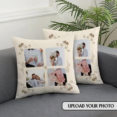 two pillows that have pictures of people holding hands on them, and the words upload your photo