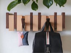 a handbag hanging on a wall next to a wooden peg board with clothes pins