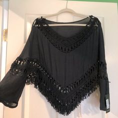 Black Boho Top One Size - Would Fit Small / Medium / Large Cotton - W/ Crochet & Fringe Smoke Free Home Black Beachwear Tops For Beach Cover-up, Black Beachwear Cover-up For Festival, Bohemian Black Tops With Fringe, Casual Black Cover-up For Beach, Casual Black Beach Cover-up, Black Bohemian Tops With Fringe, Black Summer Top For Beach Cover-up, Black Beach Tops For Spring, Black Fringe Vacation Cover-up