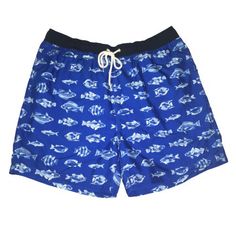 Men’s Fish Print Blue Lined Swimming Trunks. Size L. Inseam 5.5”. Blue Bottoms For Water Sports During Beach Season, Blue Nautical Swimwear For Beach Season, Blue Nautical Swimwear For Poolside, Casual Swim Trunks For Water Sports, Nautical Blue Swimwear For Poolside, Blue Casual Swim Trunks For Poolside, Casual Blue Swim Trunks For Poolside, Nautical Style Summer Vacation Bottoms, Blue Casual Swim Trunks For Beach Season