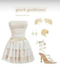 a white dress with gold accessories and heels on the bottom is featured in an ad for greek goddesses