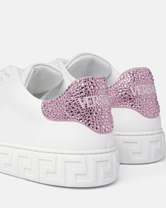 Versace Crystal Greca Sneakers | VERSACE Versace Sneakers Women, Versace Shoes Women, Pink Tennis Shoes, Versace Sneakers, Versace Pink, Sneakers Pink, Versace Shoes, Fashion Articles, Adidas Yeezy Boost 350