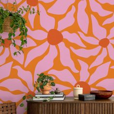 Bright and colorful abstract floral wallpaper featuring bold orange and pink hues. Abstract Feature Wall, Abstract Floral Mural, Colorful Peel And Stick Wallpaper, Pink And Orange Office, Diy Eclectic, Pink Apartment Decor, Murals For Home, Maximalist Painting, Dopamine Design