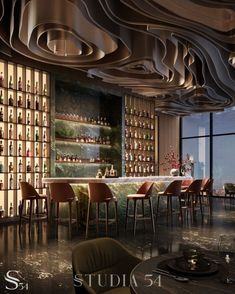 an artistic rendering of a bar with lots of bottles on the wall and chairs around it