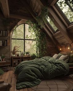 an attic bedroom with green comforter and pillows on the bed, plants growing out of the windows