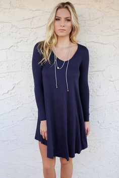 Persian Gulf Navy Long Sleeve Vneck Swing Dress Persian Gulf, Spandex Dress, Romper With Skirt, Dress Material, Dress Romper, Trendy Dresses, Swing Dress, Dress Materials, Fall Fashion