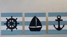 three canvases with black and white images of boats, anchors and ships on them