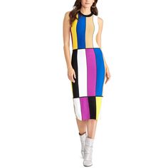 Colorblock Chic-Rachel Roy's Body-Con Dress Hugs Every Curve With Standout Style. Black And Multi Color Dress, Multicolor Color Block Midi Dress For Spring, Spring Multicolor Color Block Midi Dress, Chic Multicolor Color Block Midi Dress, Chic Multicolor Spliced Dress, Multicolor Patchwork Midi Dress, Colorful Color Block Dresses For Spring, Multicolor Sleeveless Patchwork Midi Dress, Sleeveless Multicolor Patchwork Midi Dress