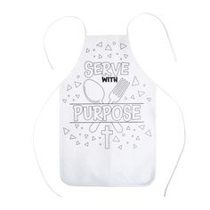 a white apron that says serve with purpose and an image of utensils on it