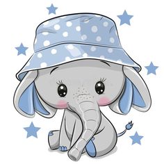 an elephant wearing a blue hat with stars on it's head, sitting in front of a white background